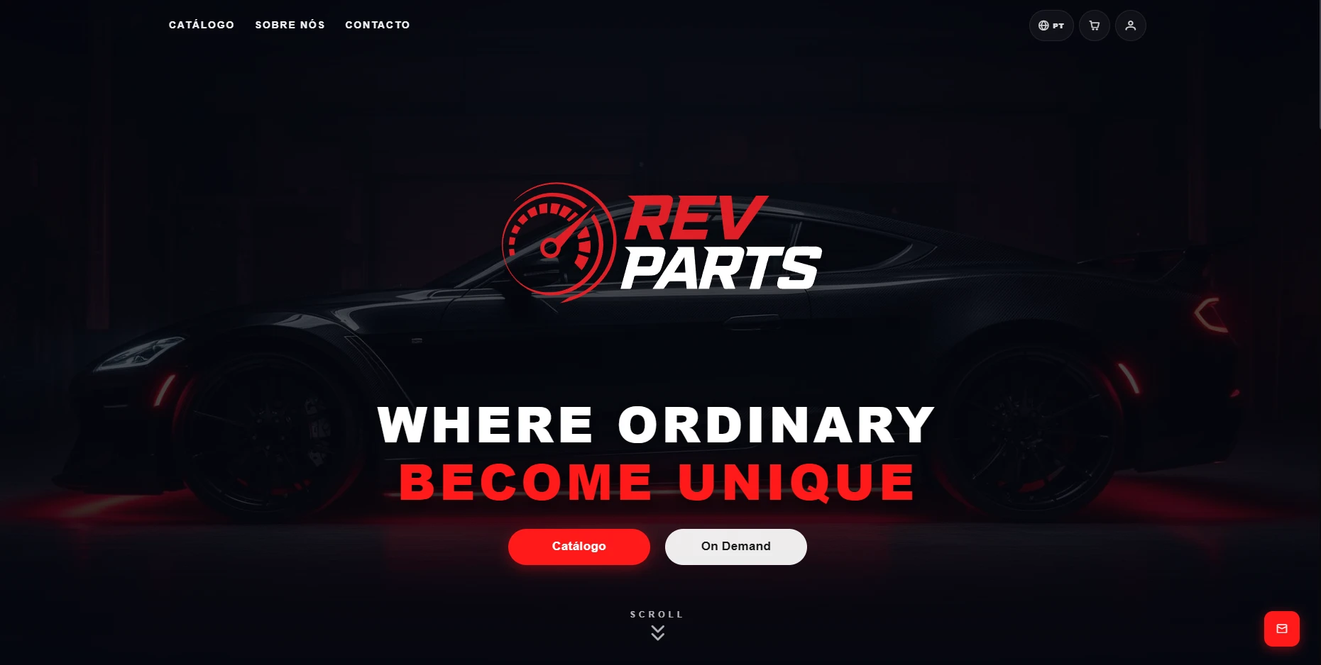 RevParts - landing com carro e slogan Where ordinary become unique